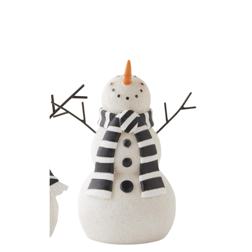 Textured white resin snowman figurine wearing a black-and-white striped scarf, set against a white background.