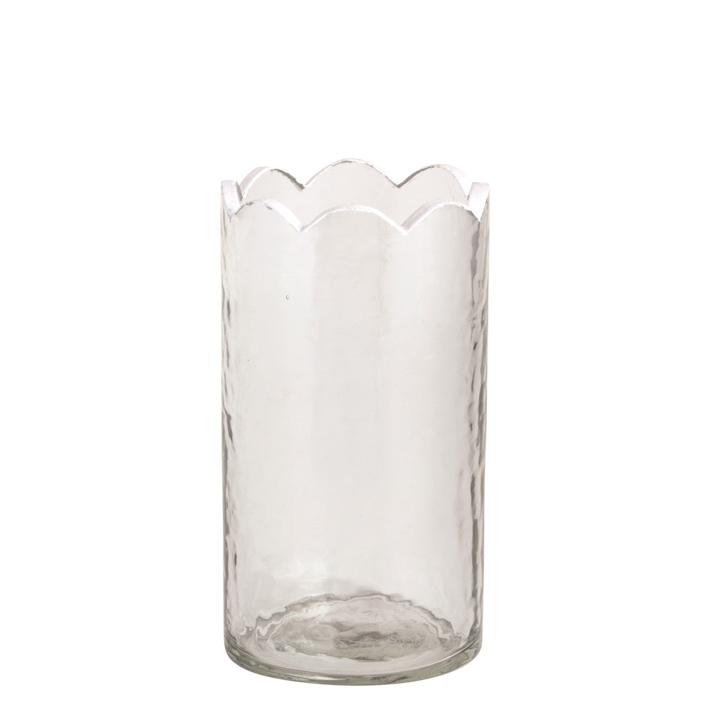 Clear scalloped glass bud vase with textured finish, isolated on white background. Ideal for modern home decor.