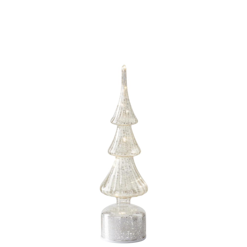 Small silver mercury glass LED Christmas tree with warm internal lighting on a plain white background.
