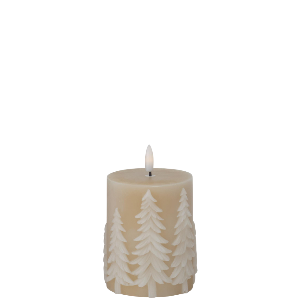 A small tan LED pillar candle featuring an embossed tree pattern and a built-in timer.