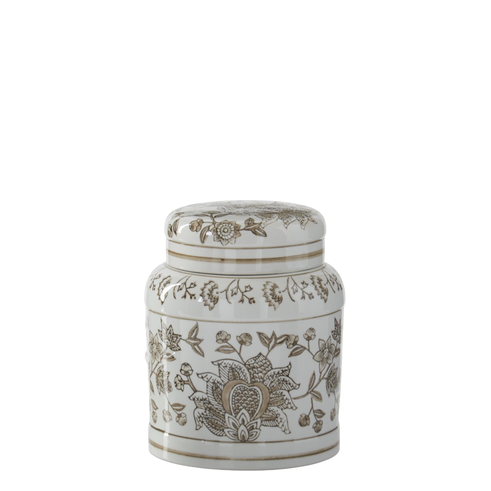 Taupe and white porcelain chinoiserie lidded jar with floral pattern on a white background.