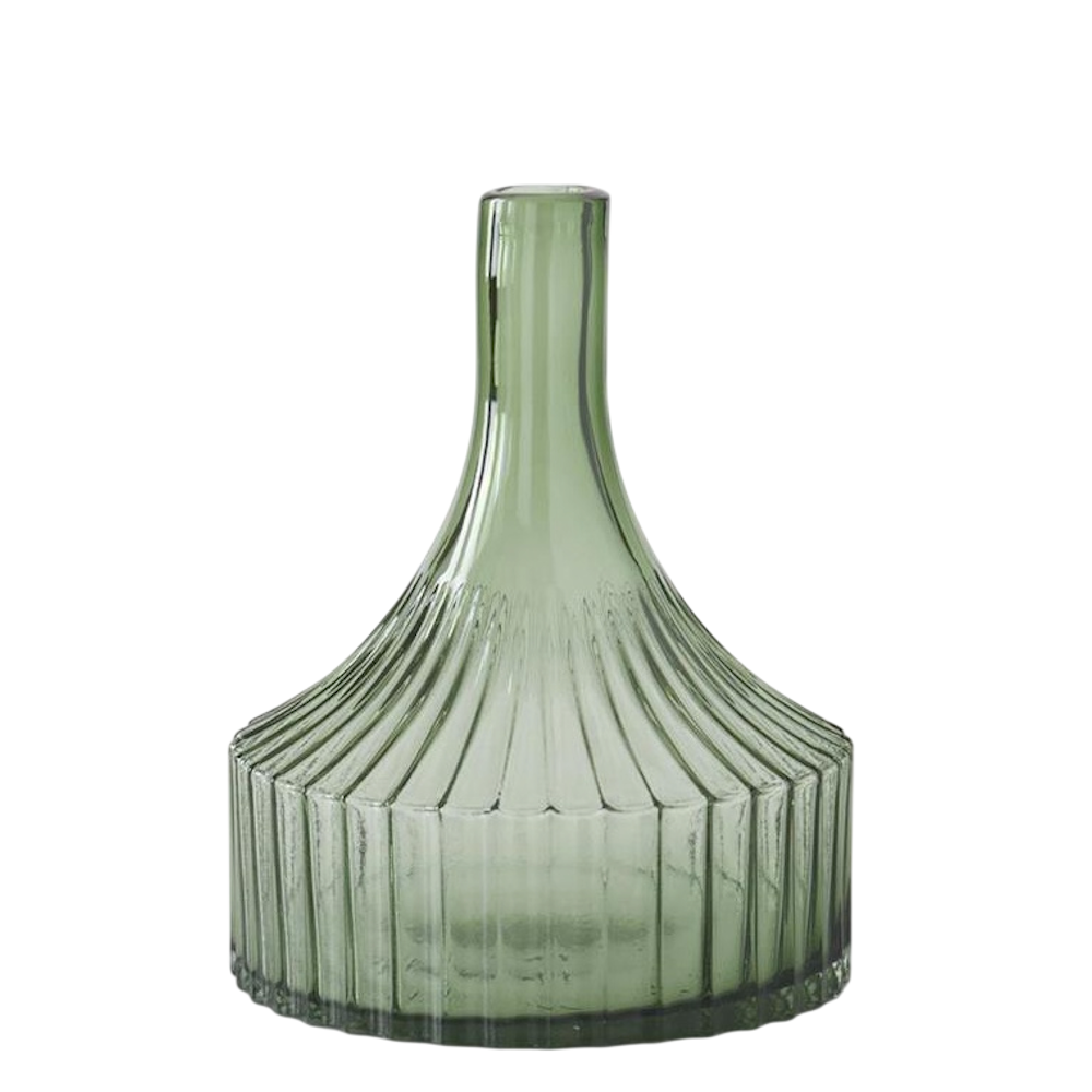 Ribbed green glass vase with a narrow neck and wide base against a white background.