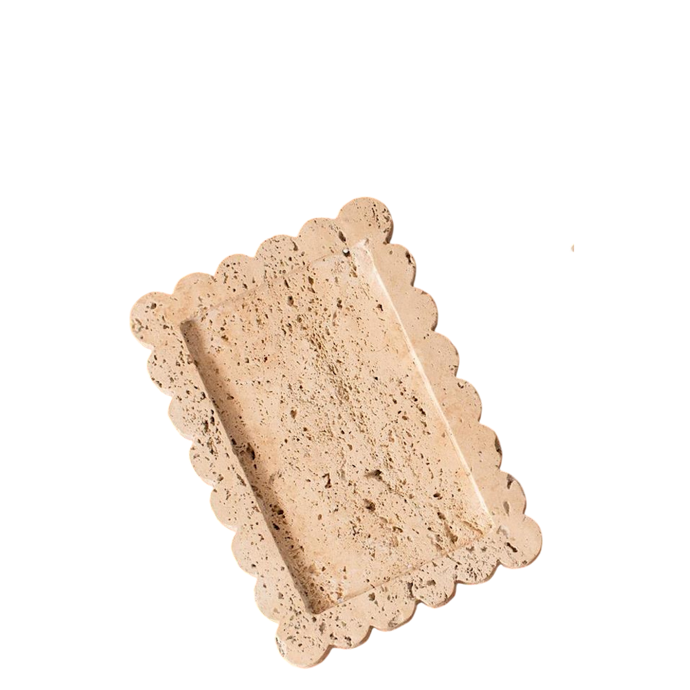 Scalloped edge beige travertine stone decorative tray for home decor, rectangular catchall dish with natural pitted texture.