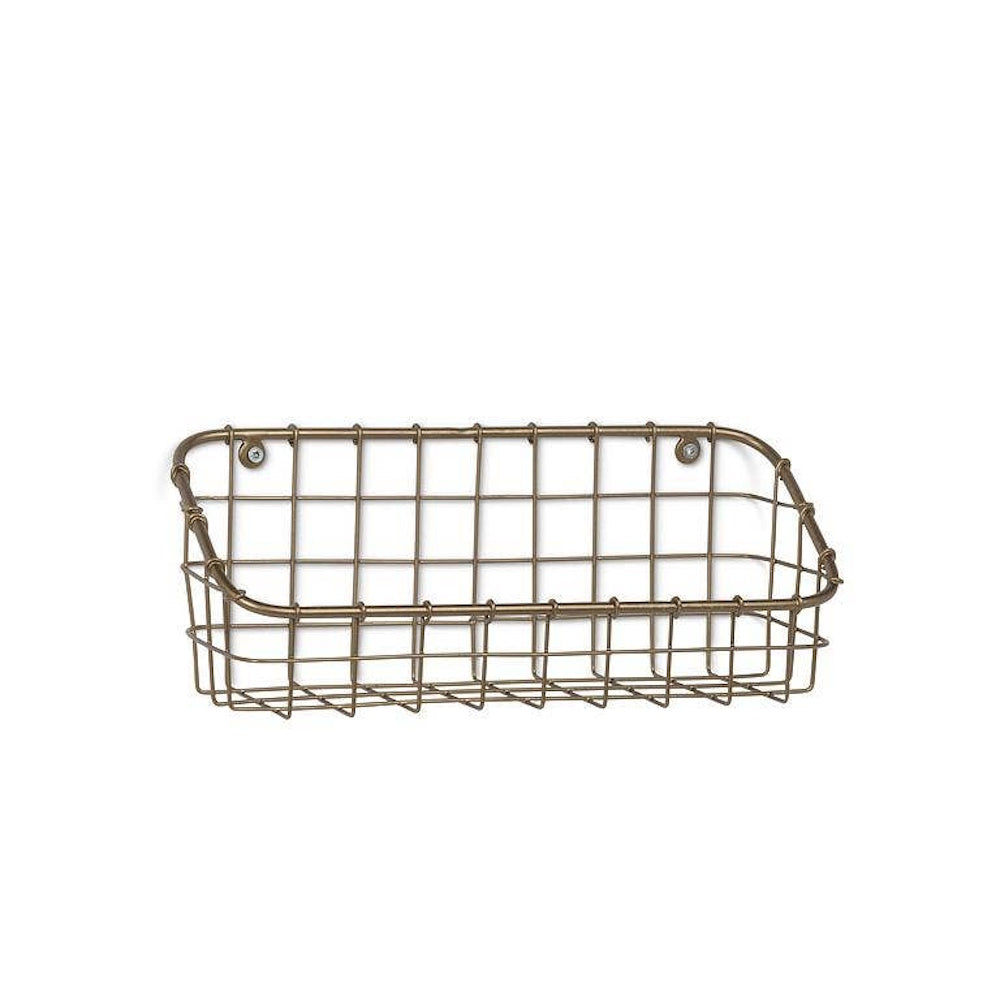 Small antique brass wire wall basket with mounting loops on a plain white background.