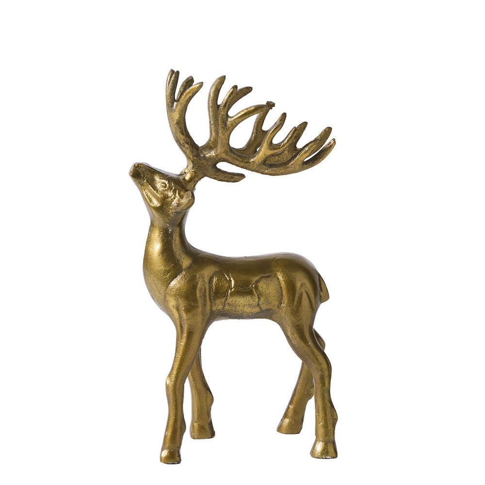 Gold reindeer figurine standing upright with large, detailed antlers on a white background.