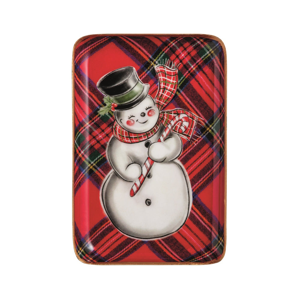 Rectangular Christmas tray featuring an illustrated snowman wearing a top hat and scarf while holding a candy cane against a red tartan background.