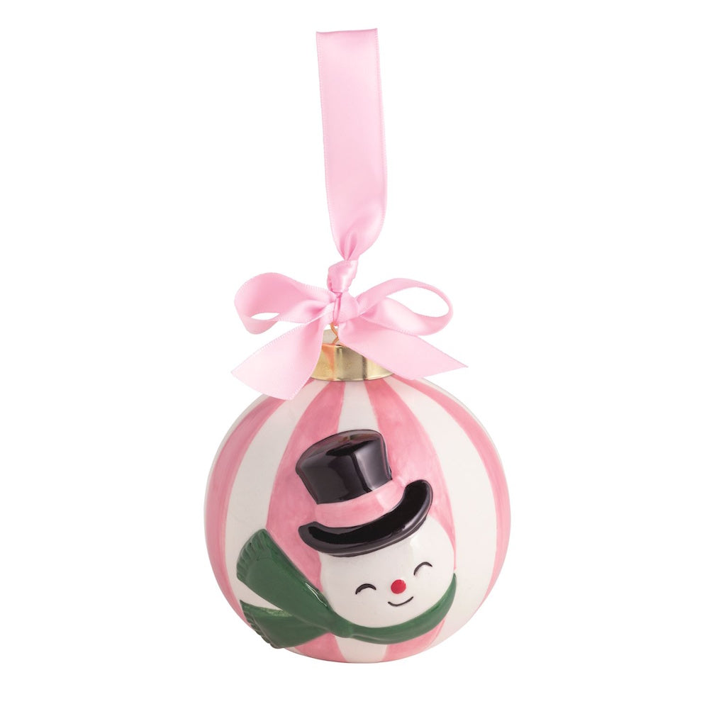 Pink and white striped ball ornament featuring a snowman, hanging from a pink ribbon.