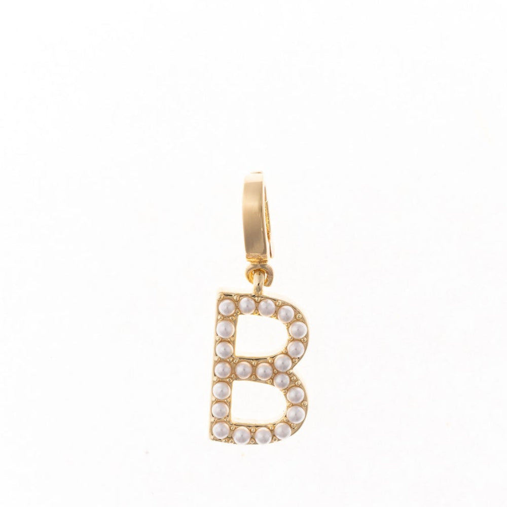 Gold letter 'B' charm studded with small white faux pearls on a plain white background.