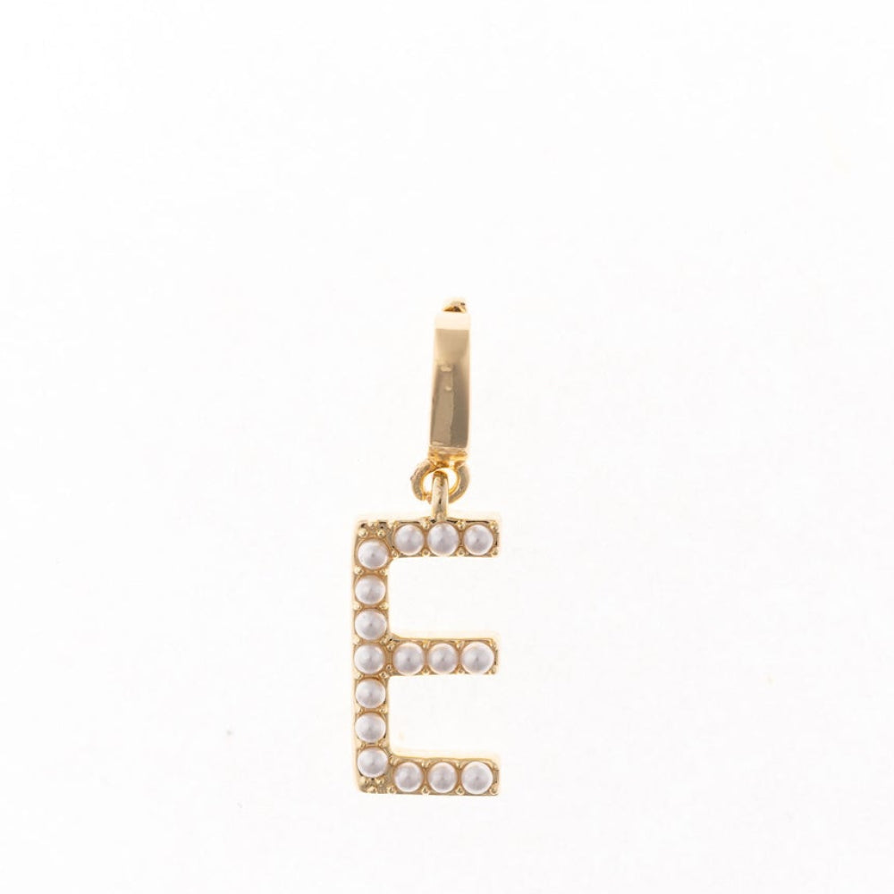 Gold letter 'E' charm studded with small white faux pearls on a plain white background.