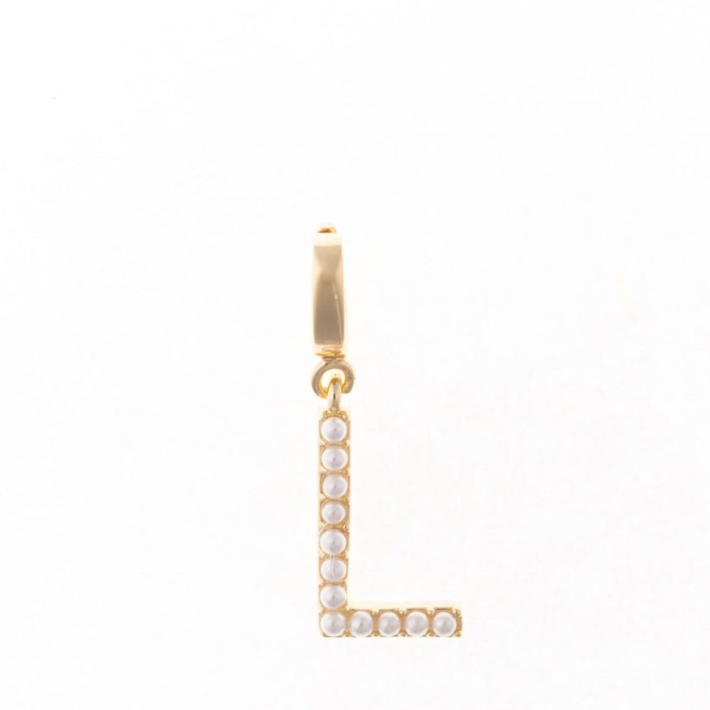 Gold letter 'L' charm studded with small white faux pearls on a plain white background.
