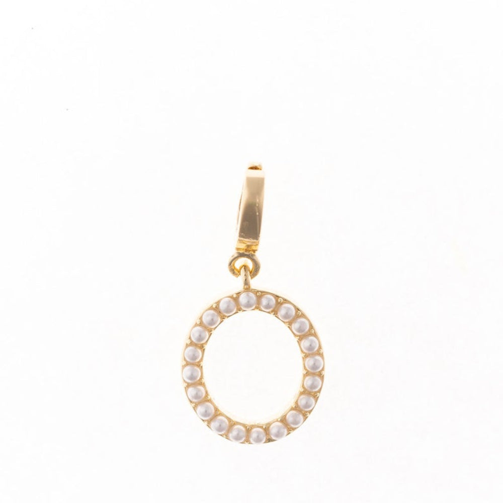 Gold letter 'O' charm studded with small white faux pearls on a plain white background.