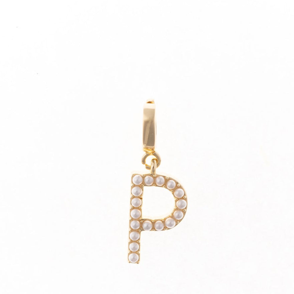 Gold letter 'P' charm studded with small white faux pearls on a plain white background.