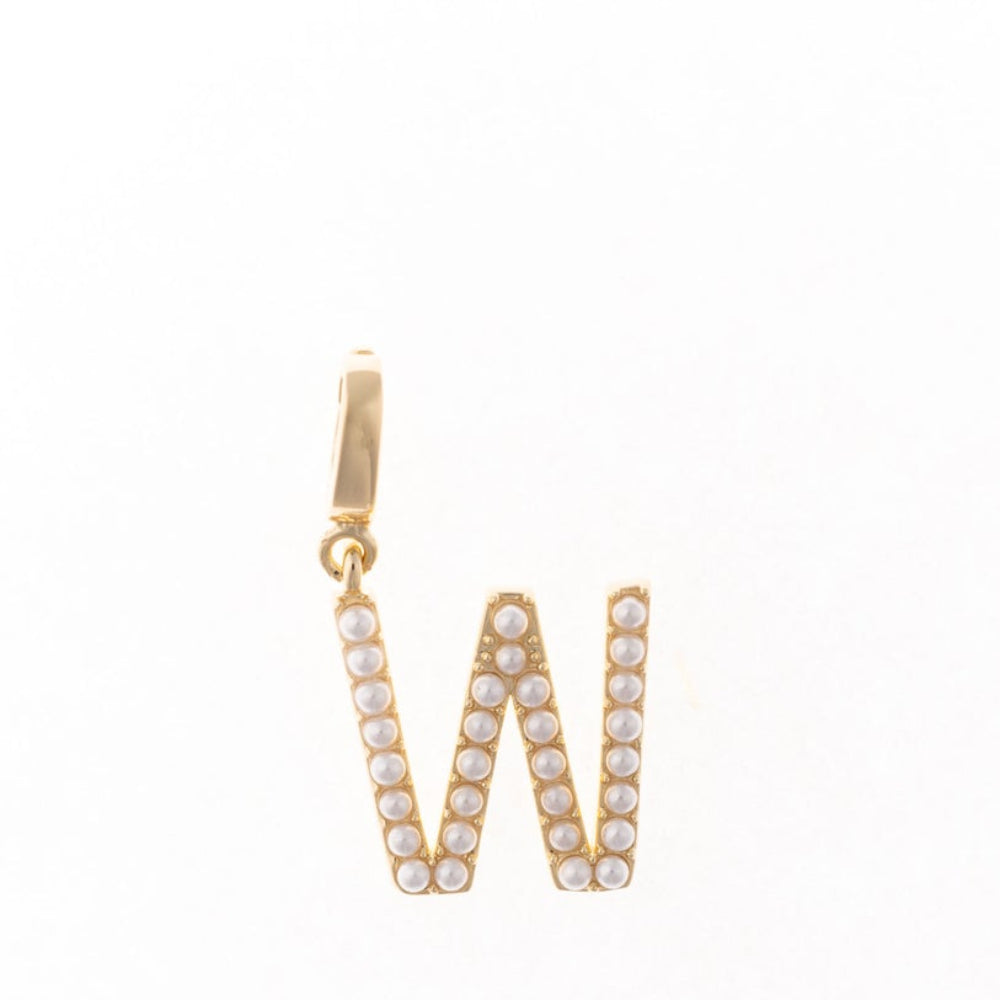 Gold letter 'W' charm studded with small white faux pearls on a plain white background.