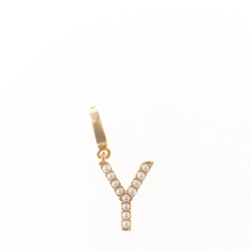 Gold letter 'Y' charm studded with small white faux pearls on a plain white background.