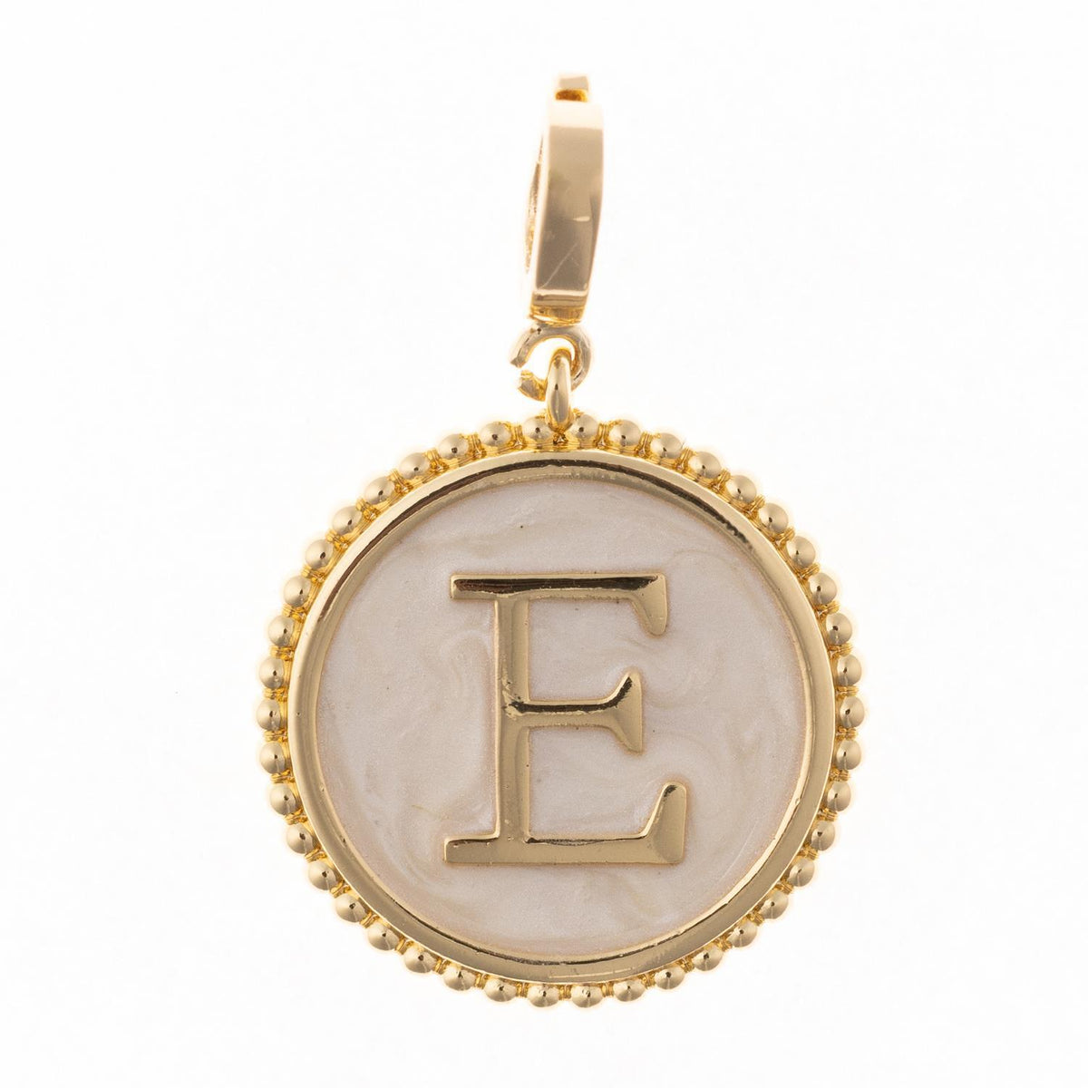 Round gold pendant charm with faux mother-of-pearl inlay, featuring the capital letter "E" and a beaded edge.