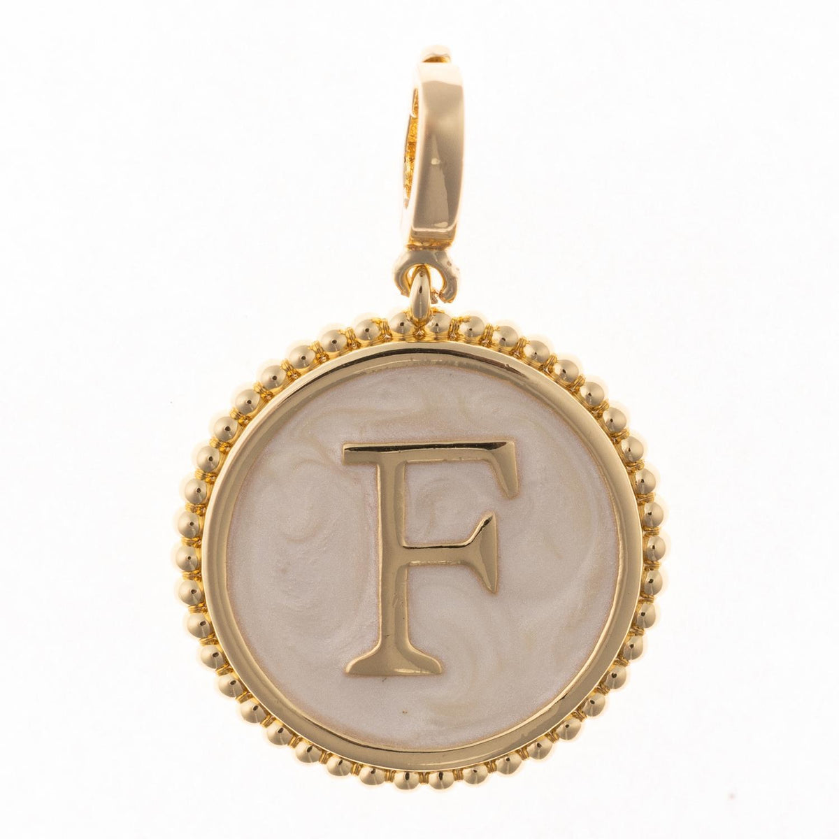 Round gold pendant charm with faux mother-of-pearl inlay, featuring the capital letter "F" and a beaded edge.