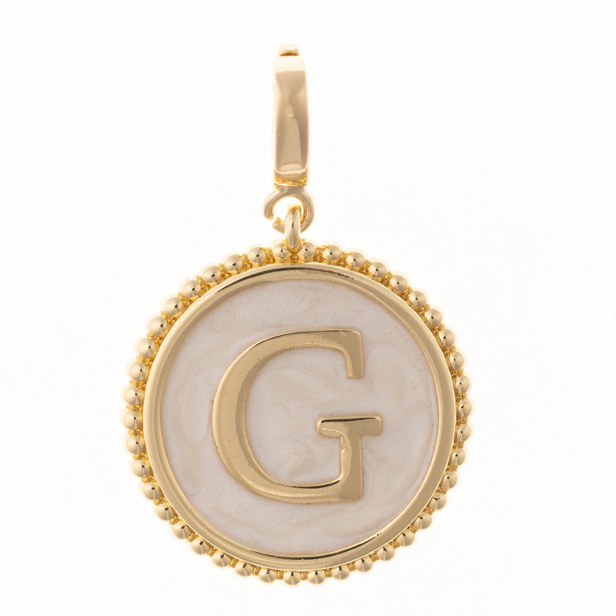 Round gold pendant charm with faux mother-of-pearl inlay, featuring the capital letter "G" and a beaded edge.