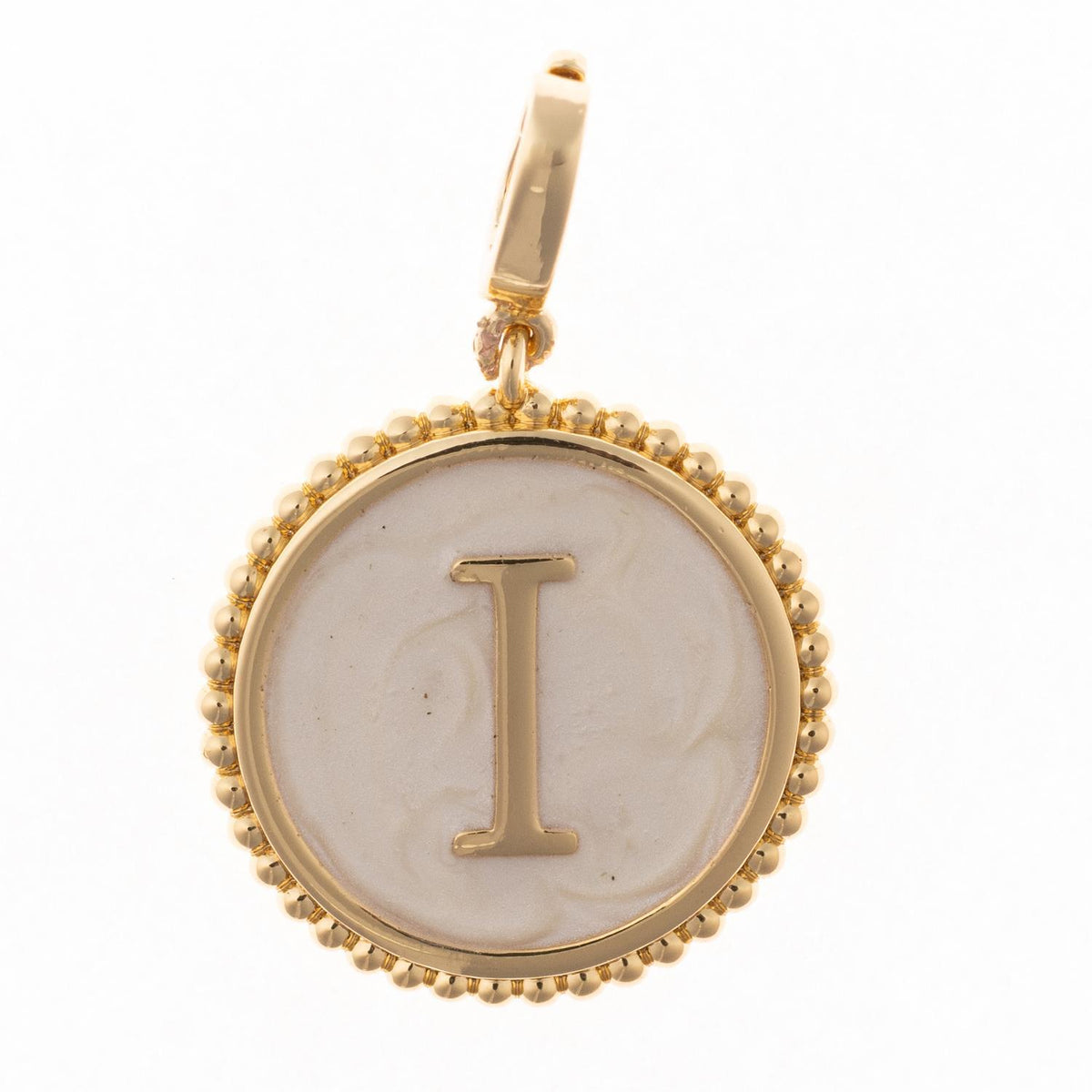 Round gold pendant charm with faux mother-of-pearl inlay, featuring the capital letter "I" and a beaded edge.