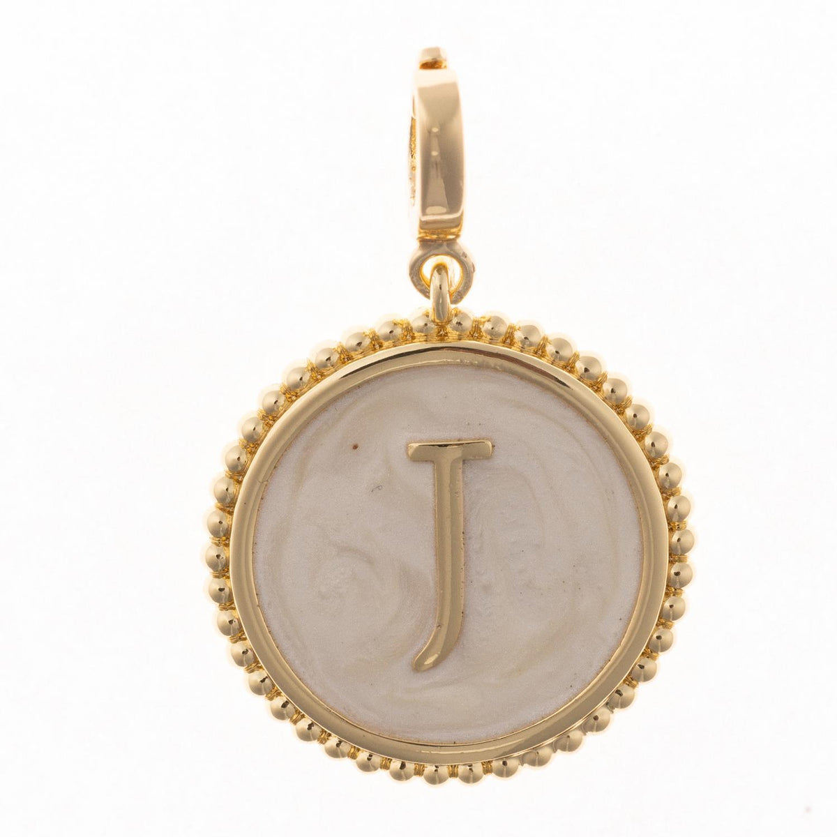 Round gold pendant charm with faux mother-of-pearl inlay, featuring the capital letter "J" and a beaded edge.