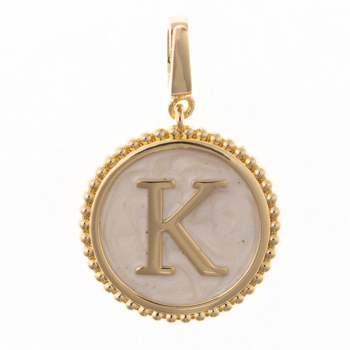Round gold pendant charm with faux mother-of-pearl inlay, featuring the capital letter "K" and a beaded edge.