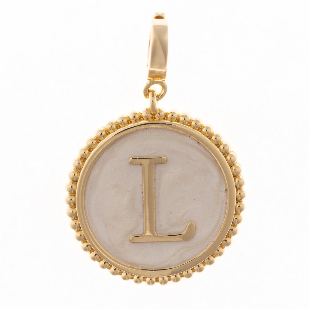 Round gold pendant charm with faux mother-of-pearl inlay, featuring the capital letter "L" and a beaded edge.