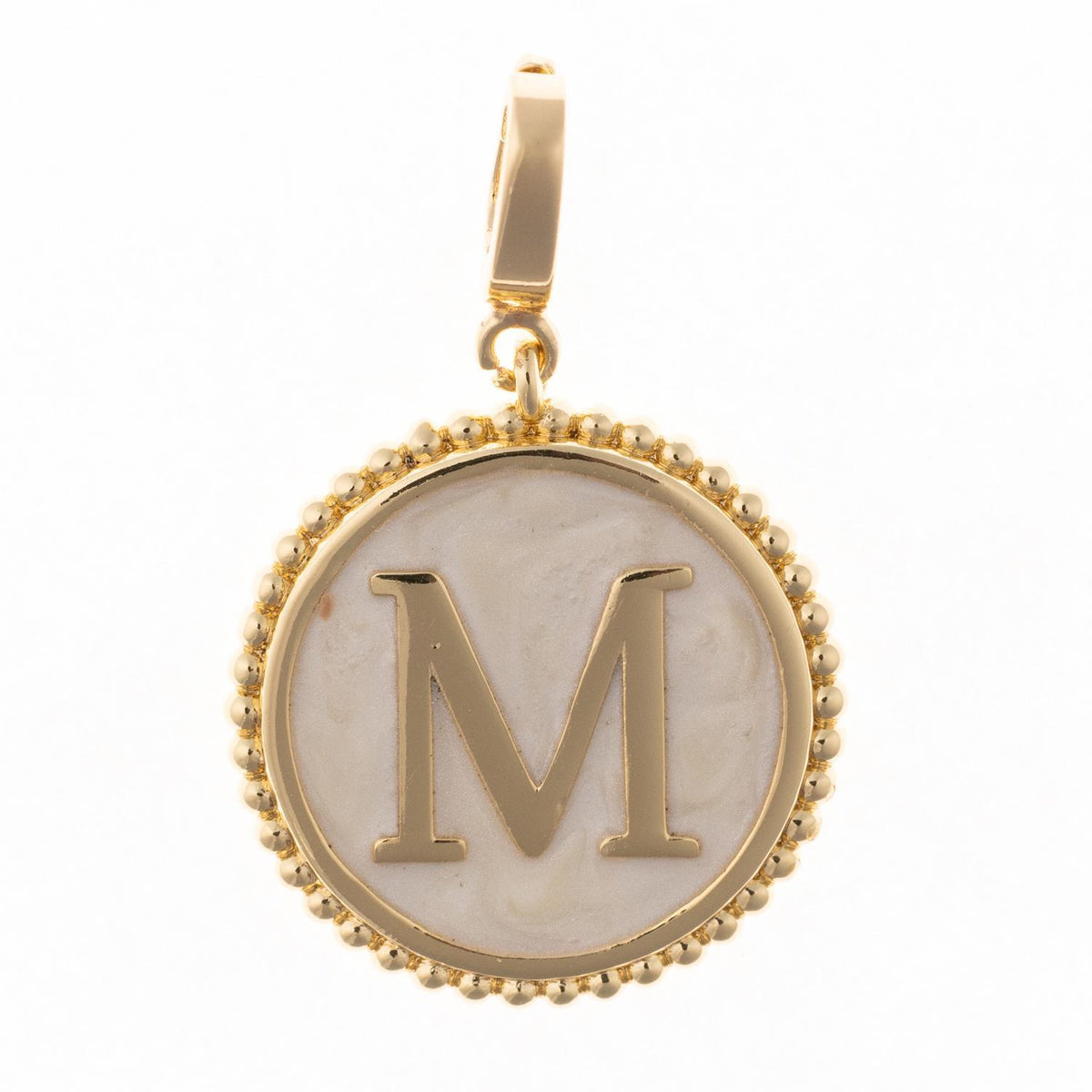 Round gold pendant charm with faux mother-of-pearl inlay, featuring the capital letter "M" and a beaded edge.