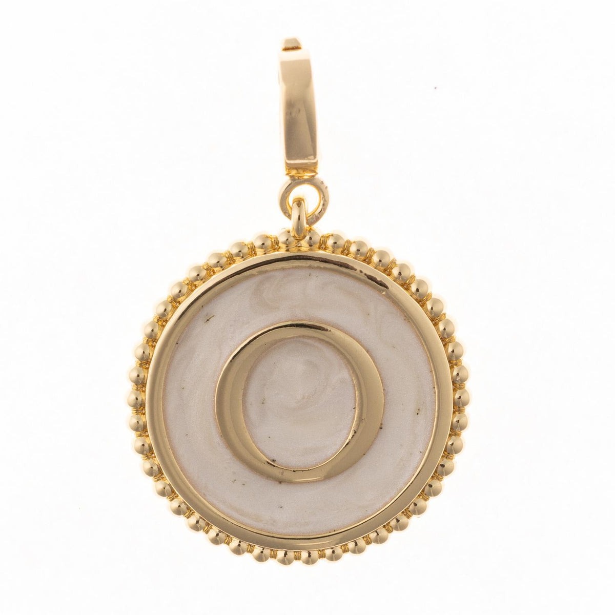 Round gold pendant charm with faux mother-of-pearl inlay, featuring the capital letter "O" and a beaded edge.
