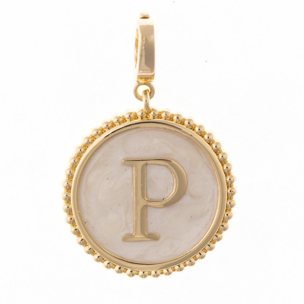 Round gold pendant charm with faux mother-of-pearl inlay, featuring the capital letter "P" and a beaded edge.