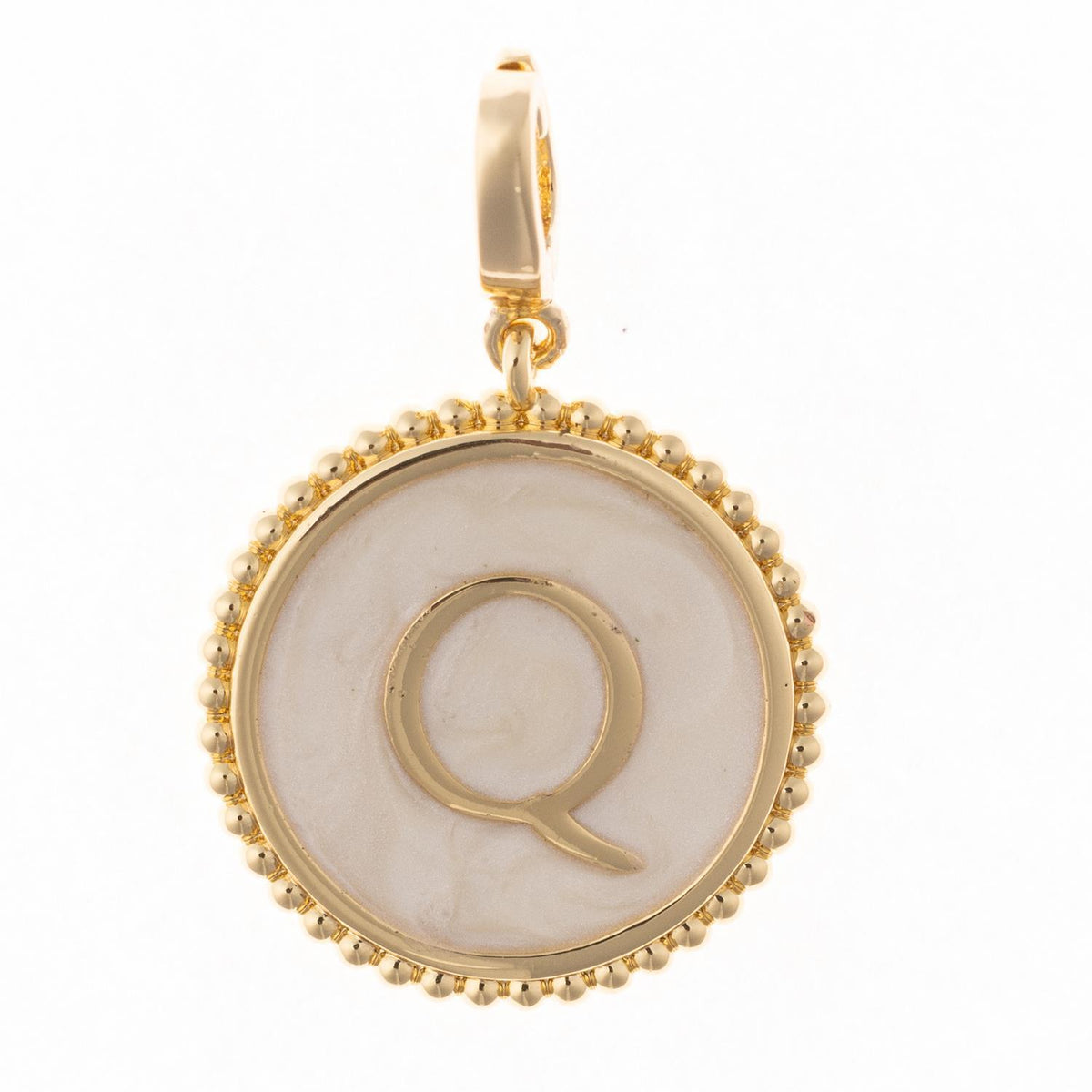 Round gold pendant charm with faux mother-of-pearl inlay, featuring the capital letter "Q" and a beaded edge.