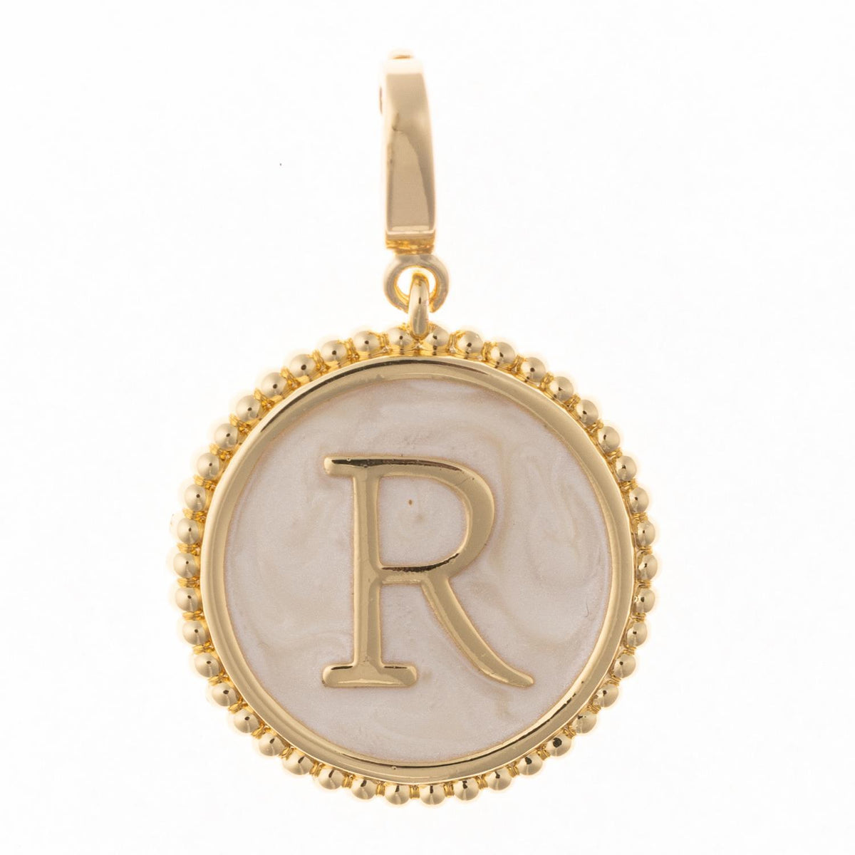 Round gold pendant charm with faux mother-of-pearl inlay, featuring the capital letter "R" and a beaded edge.