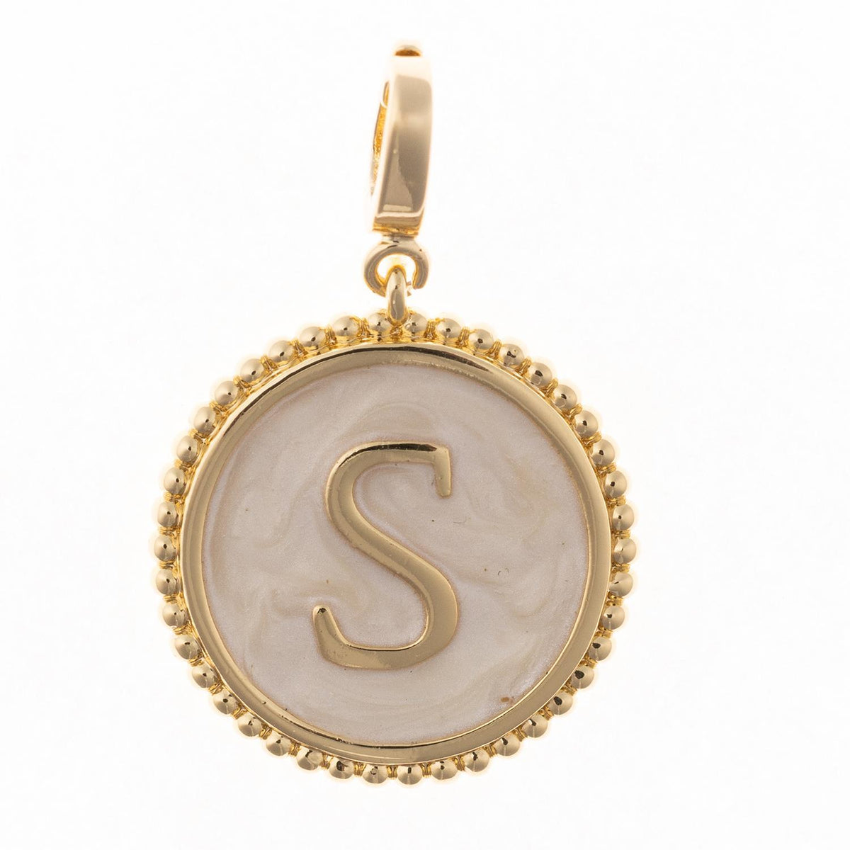 Round gold pendant charm with faux mother-of-pearl inlay, featuring the capital letter "S" and a beaded edge.