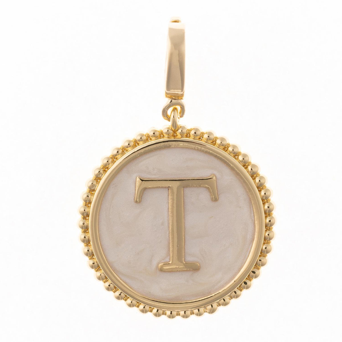 Round gold pendant charm with faux mother-of-pearl inlay, featuring the capital letter "T" and a beaded edge.