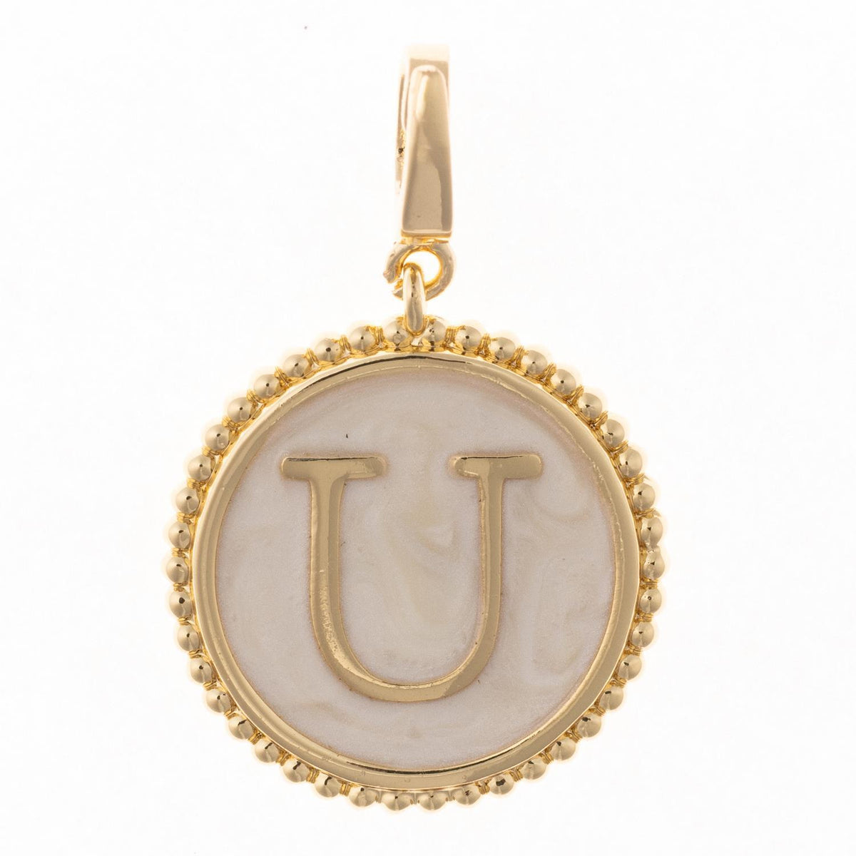 Round gold pendant charm with faux mother-of-pearl inlay, featuring the capital letter "U" and a beaded edge.