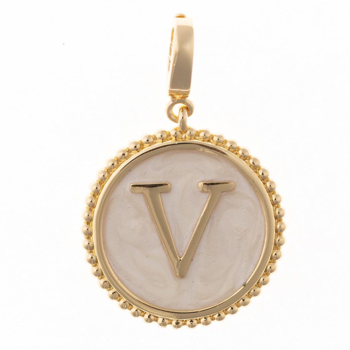 Round gold pendant charm with faux mother-of-pearl inlay, featuring the capital letter "V" and a beaded edge.