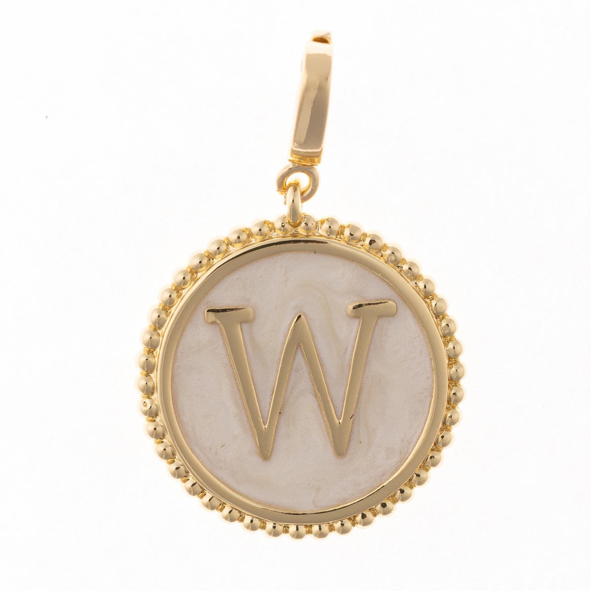 Round gold pendant charm with faux mother-of-pearl inlay, featuring the capital letter "W" and a beaded edge.