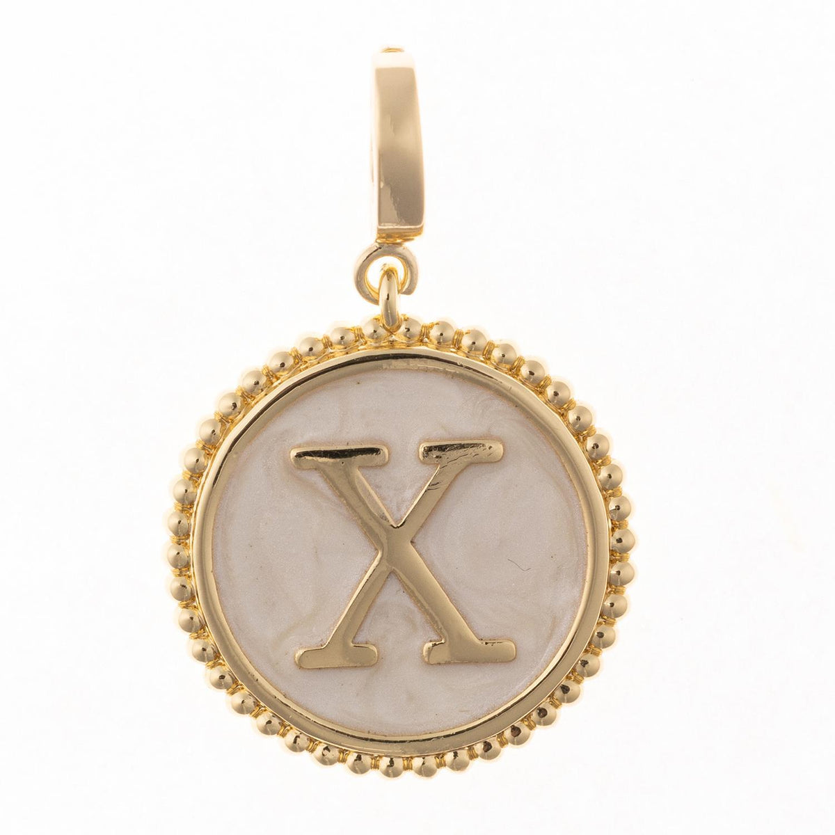 Round gold pendant charm with faux mother-of-pearl inlay, featuring the capital letter "X" and a beaded edge.