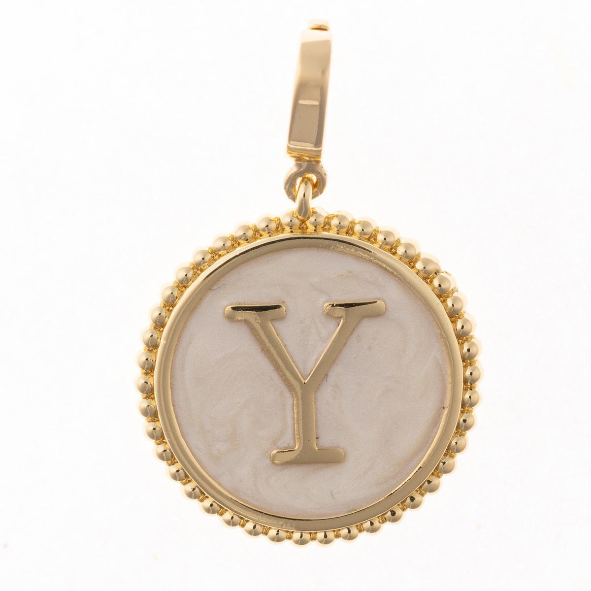 Round gold pendant charm with faux mother-of-pearl inlay, featuring the capital letter "Y" and a beaded edge.