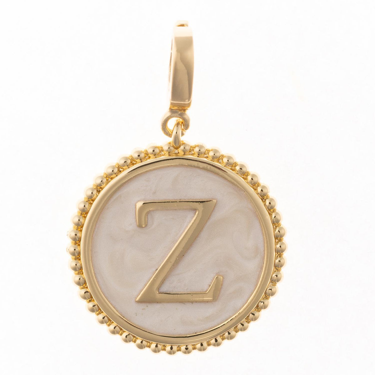 Round gold pendant charm with faux mother-of-pearl inlay, featuring the capital letter "Z" and a beaded edge.