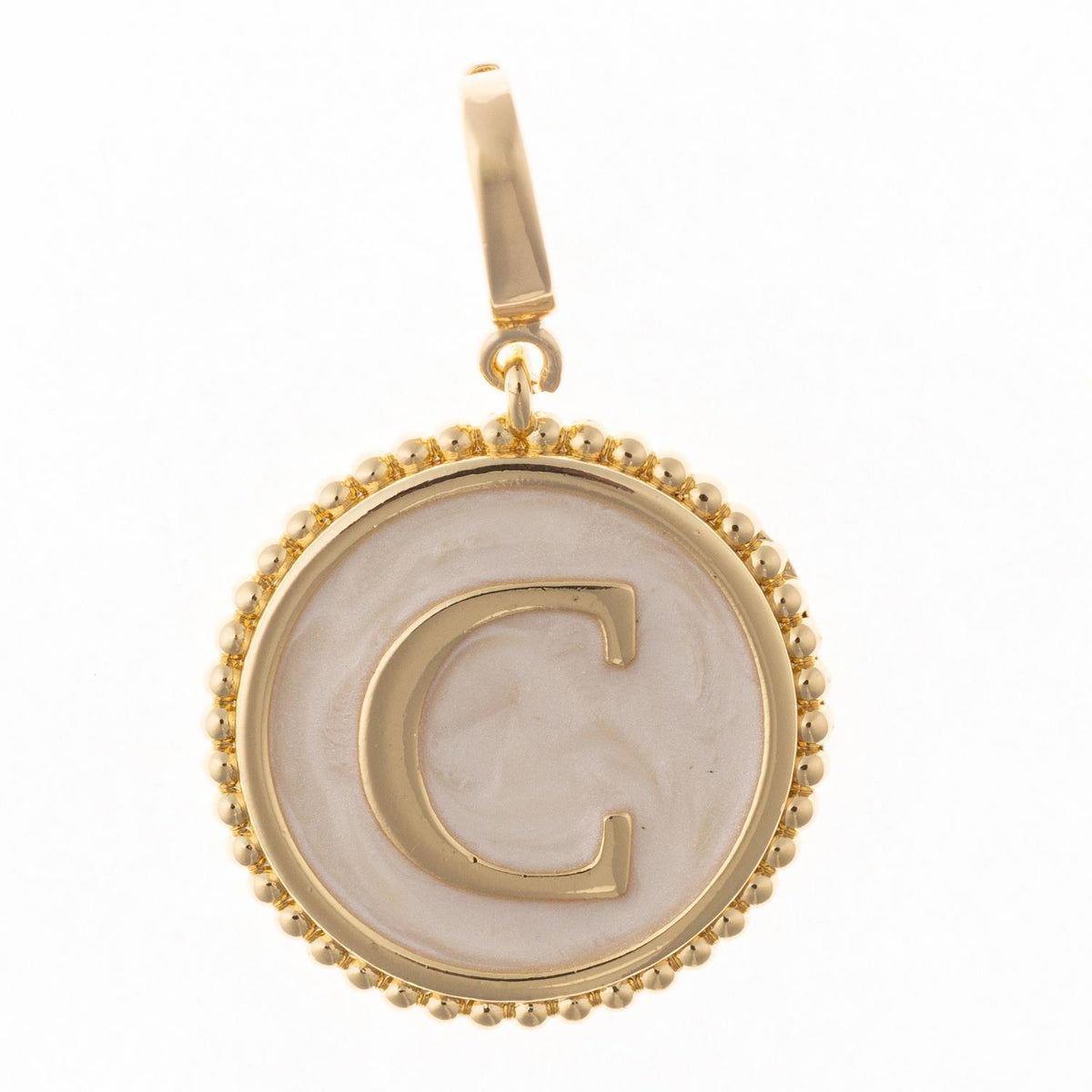 Round gold pendant charm with faux mother-of-pearl inlay, featuring the capital letter "C" and a beaded edge.