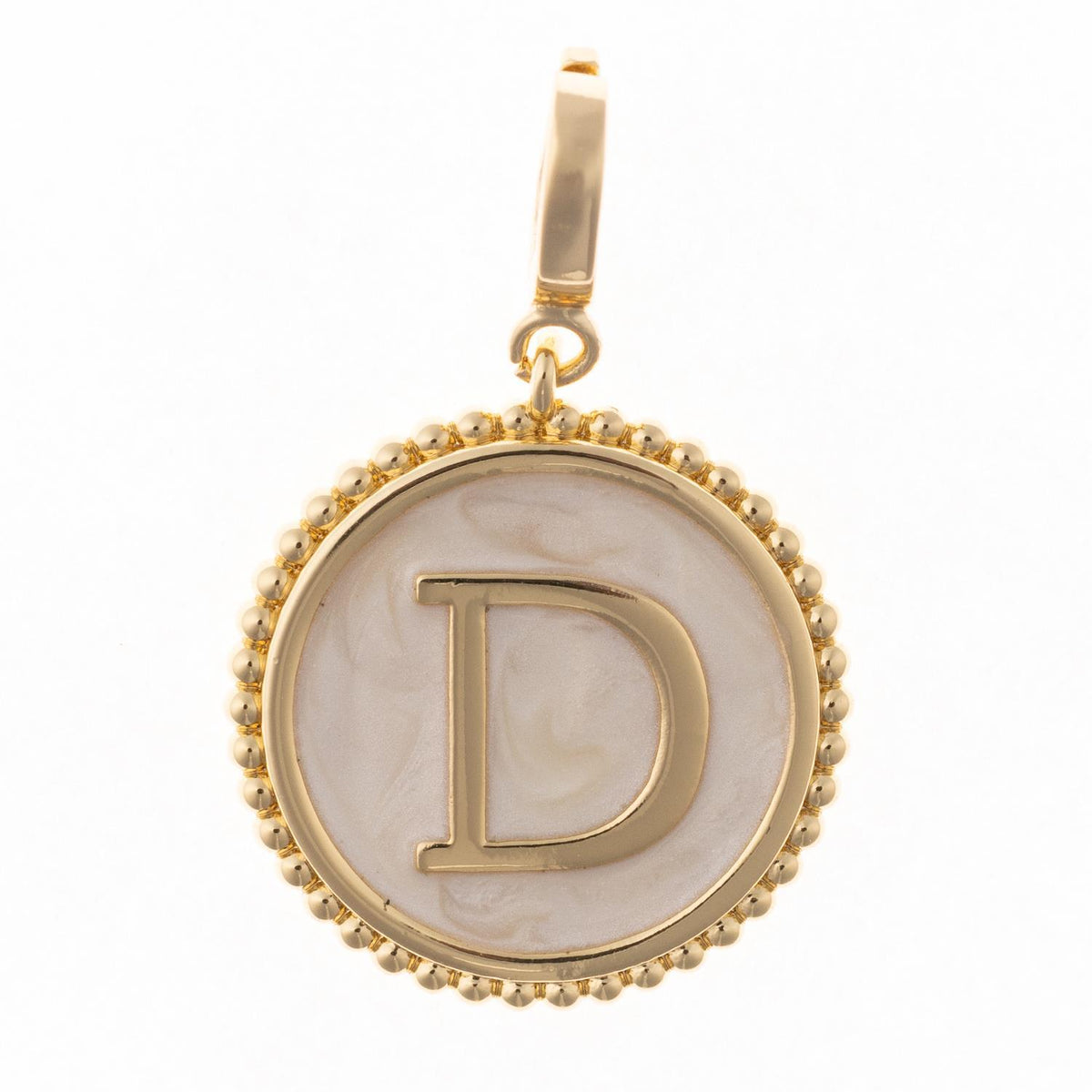 Round gold pendant charm with faux mother-of-pearl inlay, featuring the capital letter "D" and a beaded edge.