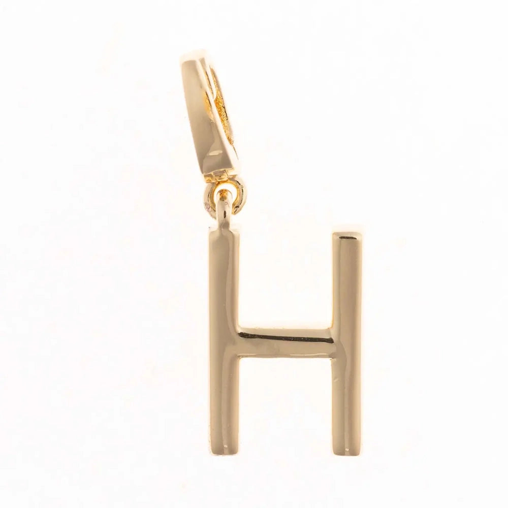 Gold charm pendant shaped in the capital letter "H" with a polished finish and top attachment bail.