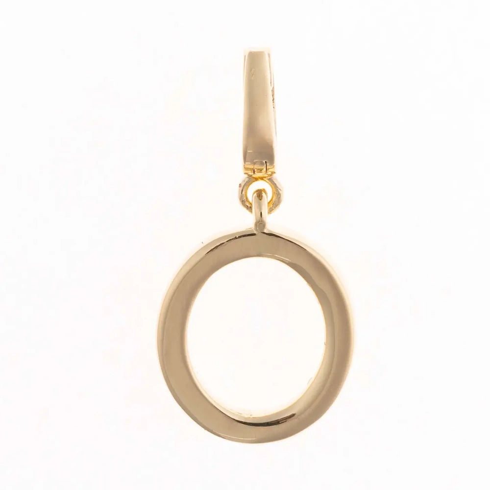 Gold charm pendant shaped in the capital letter "O" with a polished finish and top attachment bail.