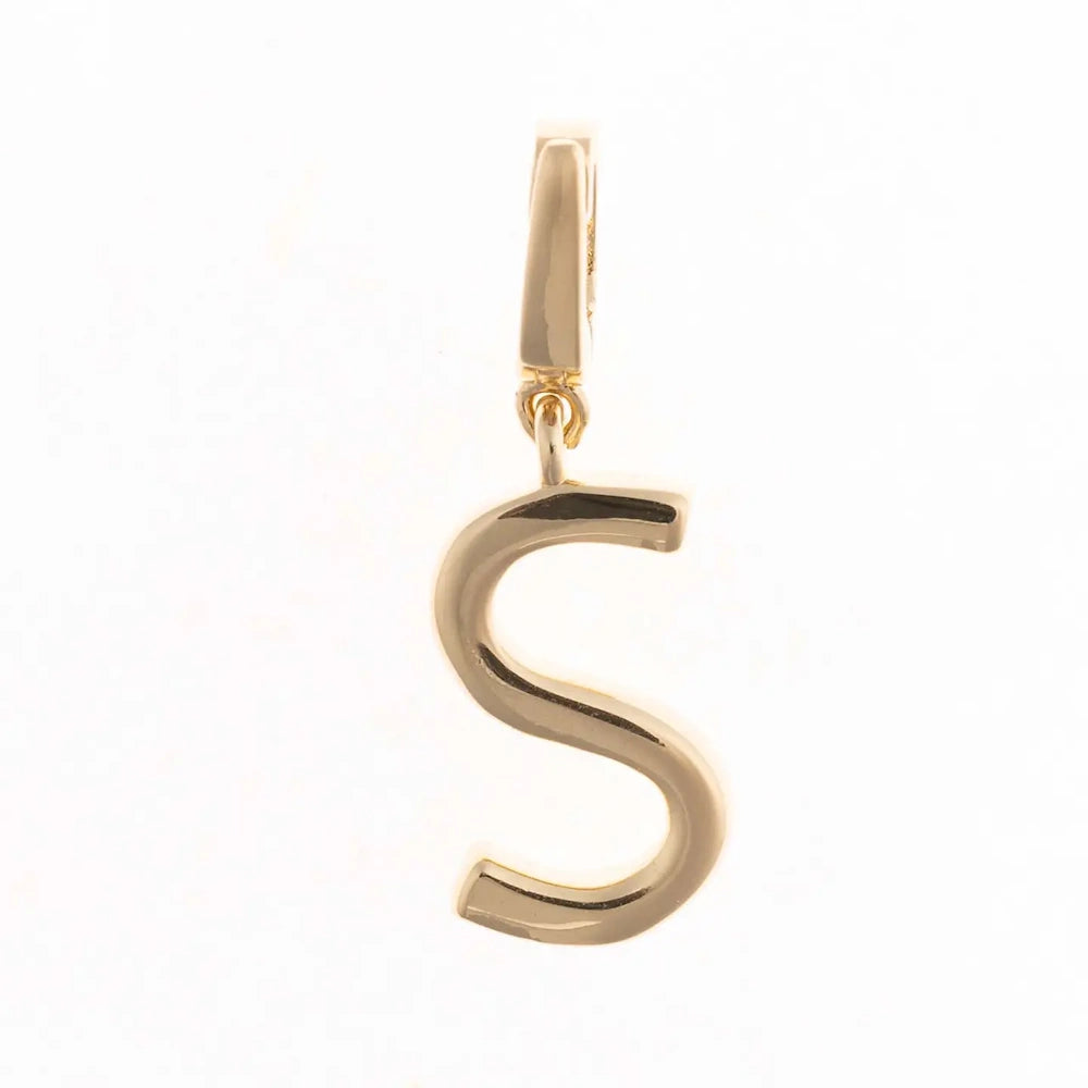 Gold charm pendant shaped in the capital letter "S" with a polished finish and top attachment bail.