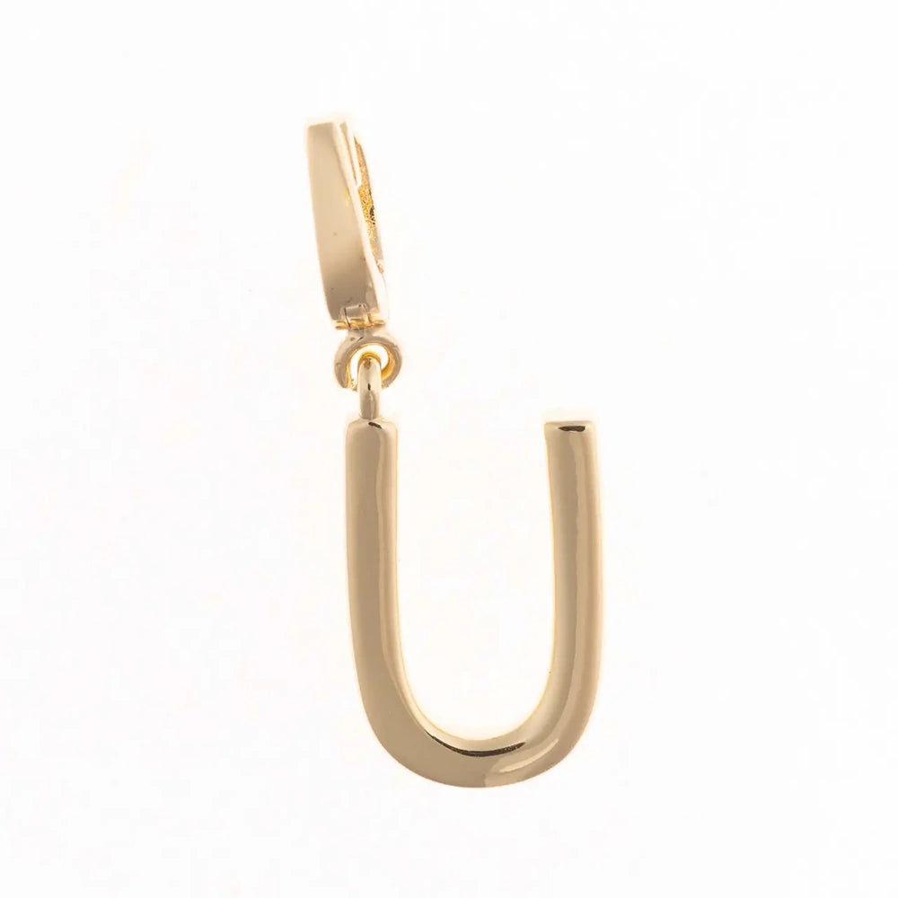 Gold charm pendant shaped in the capital letter "U" with a polished finish and top attachment bail.