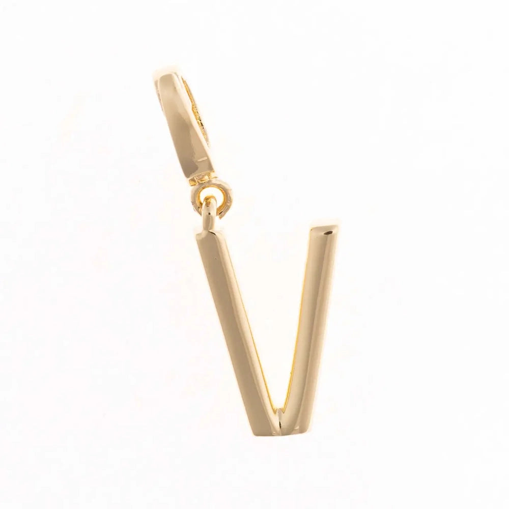 Gold charm pendant shaped in the capital letter "V" with a polished finish and top attachment bail.