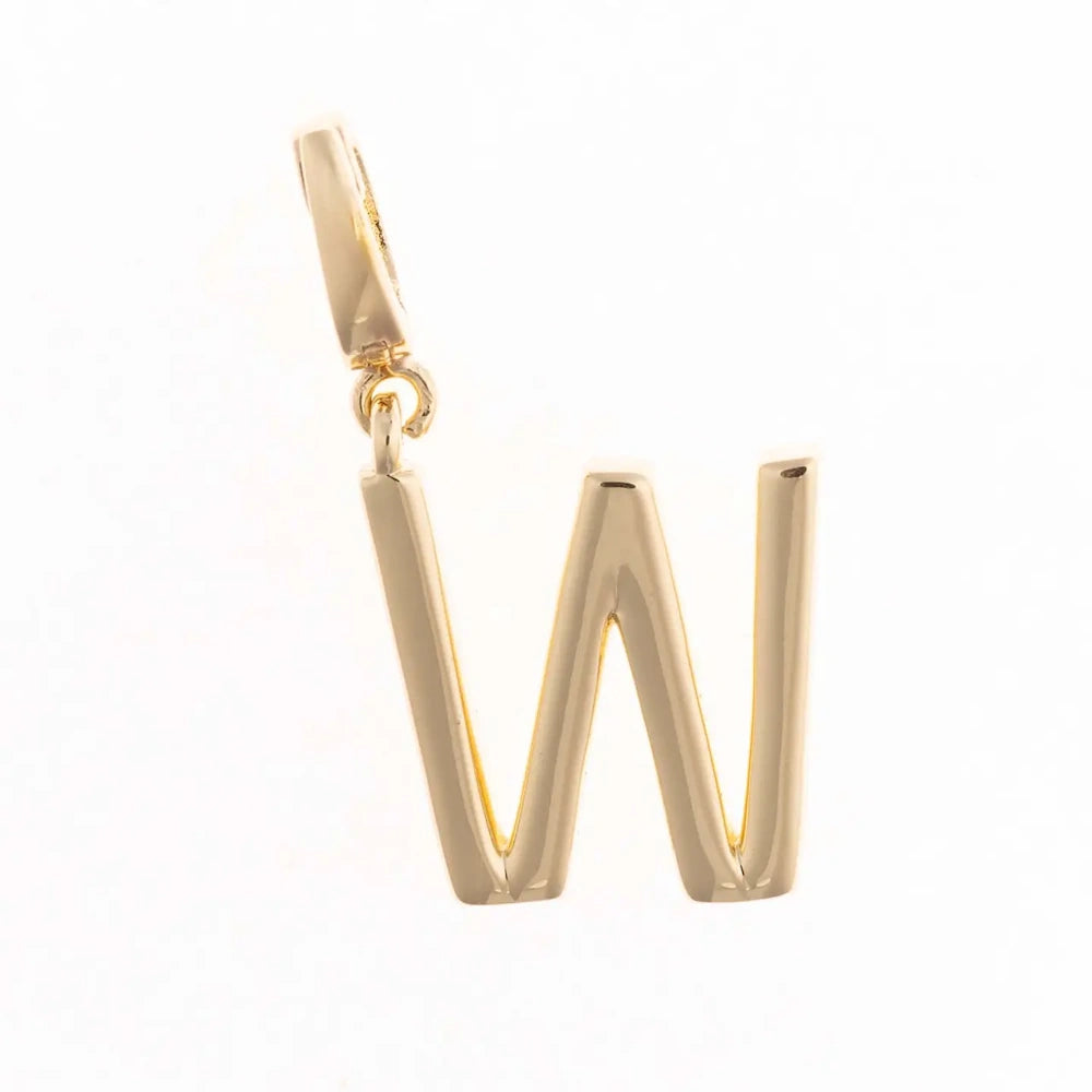 Gold charm pendant shaped in the capital letter "W" with a polished finish and top attachment bail.