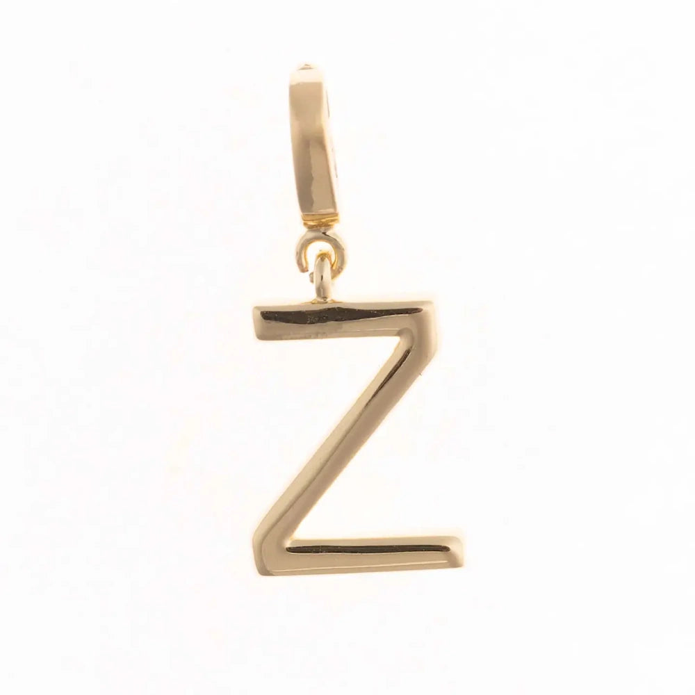 Gold charm pendant shaped in the capital letter "Z" with a polished finish and top attachment bail.
