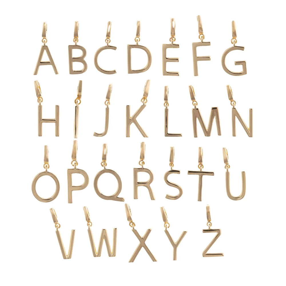 Polished gold initial letter charms from A to Z in a clean, modern sans-serif font.