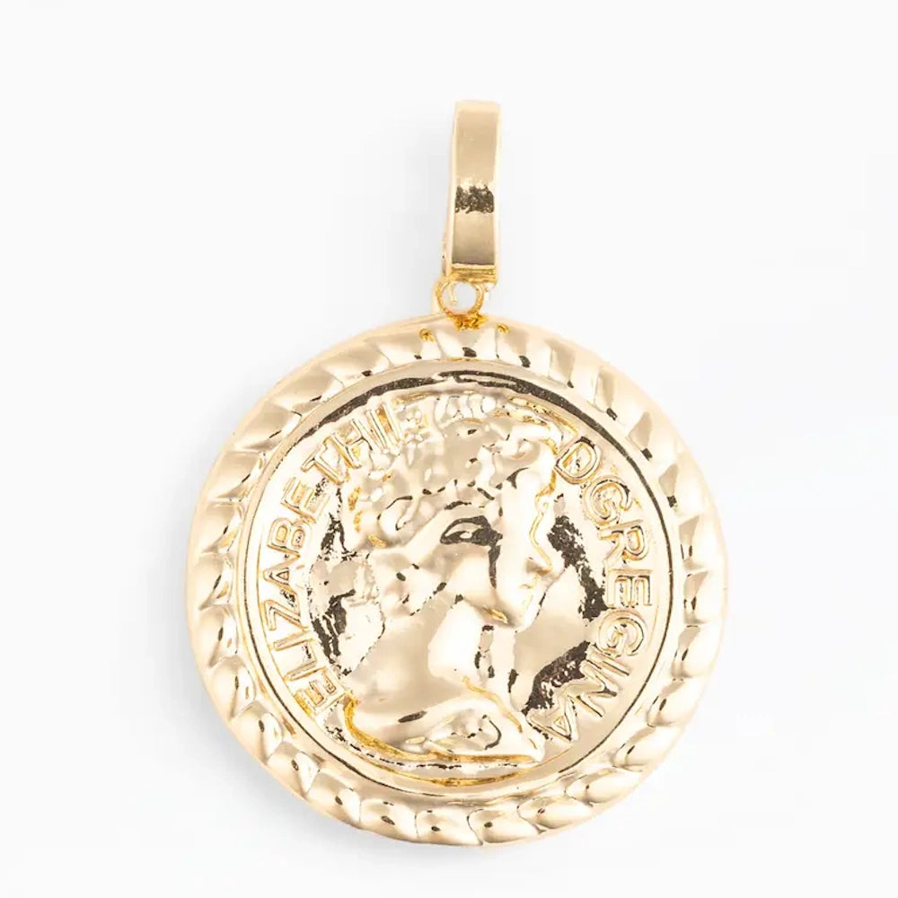 Gold vintage coin pendant with twisted rope border and profile portrait of Queen Elizabeth II.