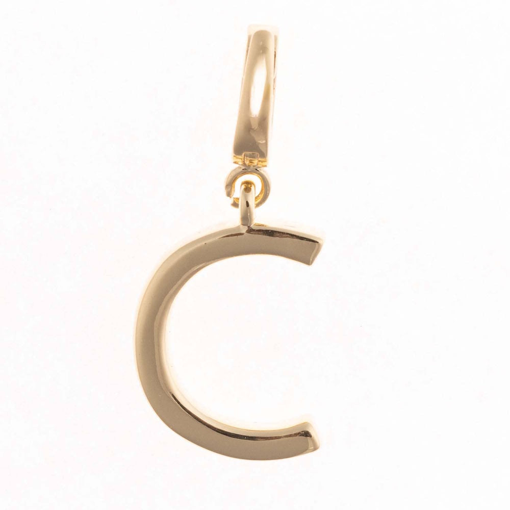 Gold charm pendant shaped in the capital letter "C" with a polished finish and top attachment bail.